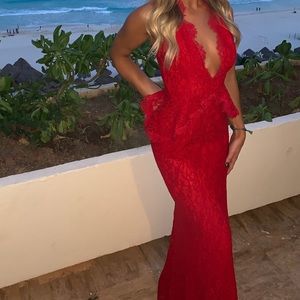 Red Majorelle, long lace dress.